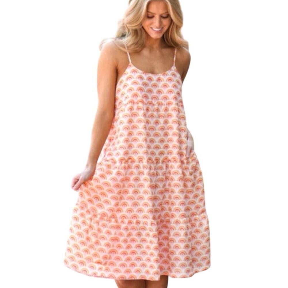 J. Marie The Summer Midi Dress S NEW Tiered Sundress Orange Pink Print Travel
